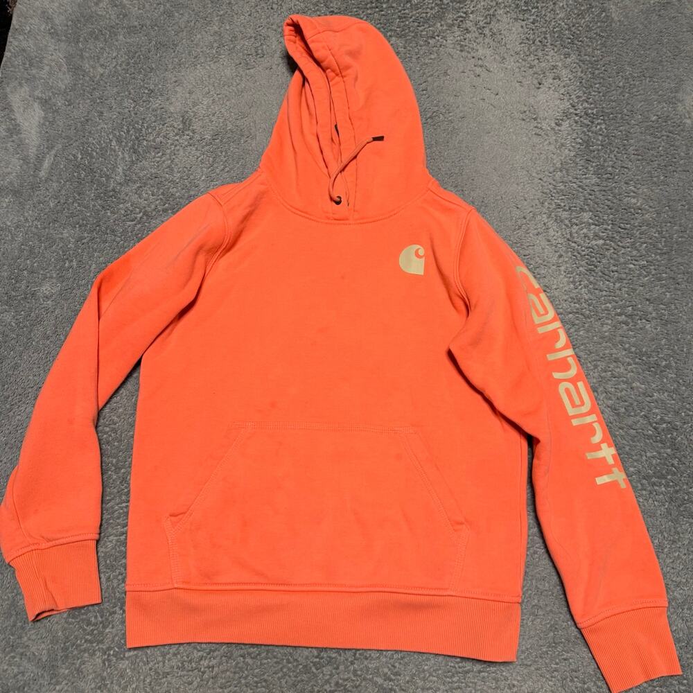 Carhartt Hoodie Womens Small Orange Workwear Graphic Sweatshirt